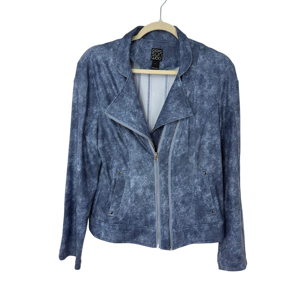 Clara Sun Woo Liquid Leather Moto Jacket Blue Acid Wash Denim Print Size L